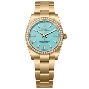 Oyster Perpetual 34 yellow gold turquoise blue